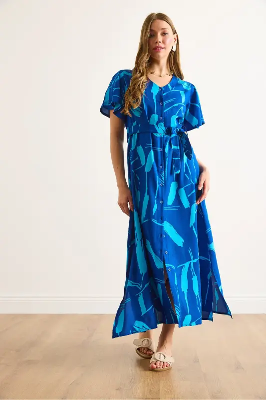 Women's Sax Blue Buttoned Belted Maxi Viscose Shirt Dress ELB-19002382-Sax Blue - 6