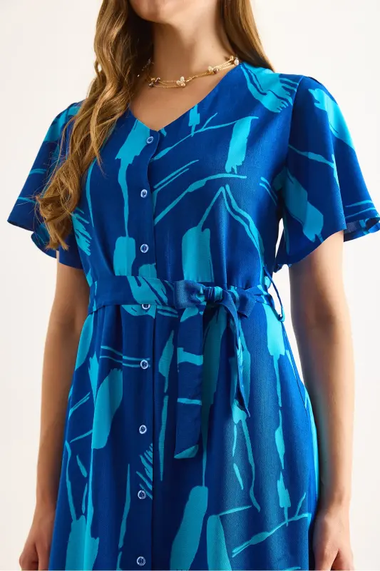 Women's Sax Blue Buttoned Belted Maxi Viscose Shirt Dress ELB-19002382-Sax Blue - 7