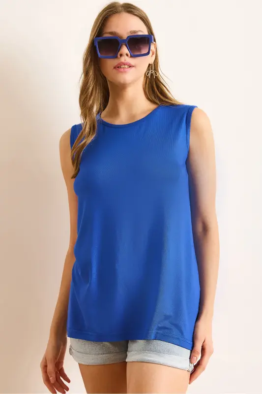 Women's Sax Blue Crew Neck Long Sleeveless Knitted Viscose Blouse BLZ-19002934-Sax Blue - 1