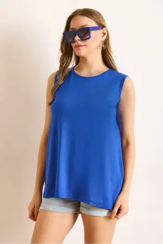 Women's Sax Blue Crew Neck Long Sleeveless Knitted Viscose Blouse BLZ-19002934-Sax Blue - OLALOOK (1)