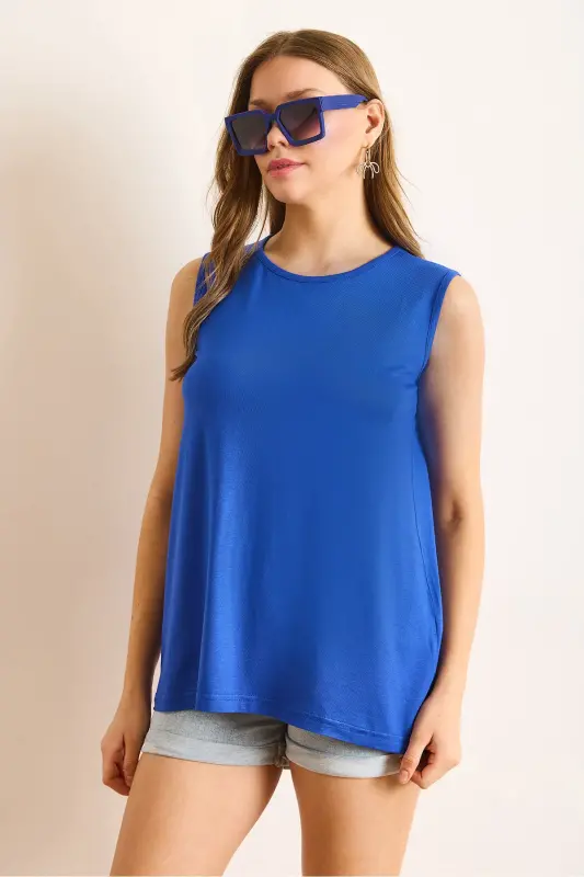 Women's Sax Blue Crew Neck Long Sleeveless Knitted Viscose Blouse BLZ-19002934-Sax Blue - 2