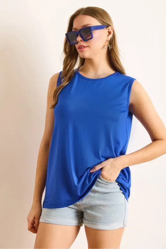 Women's Sax Blue Crew Neck Long Sleeveless Knitted Viscose Blouse BLZ-19002934-Sax Blue - 3