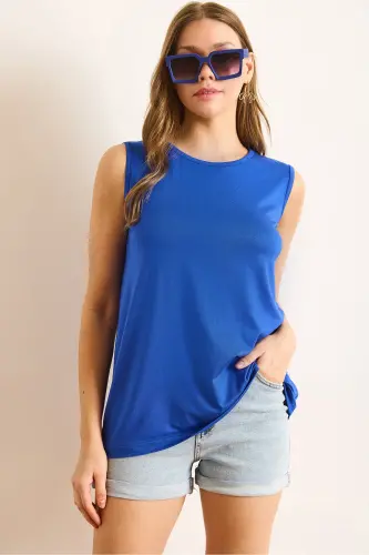 Women's Sax Blue Crew Neck Long Sleeveless Knitted Viscose Blouse BLZ-19002934-Sax Blue - 5
