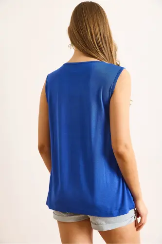 Women's Sax Blue Crew Neck Long Sleeveless Knitted Viscose Blouse BLZ-19002934-Sax Blue - 7