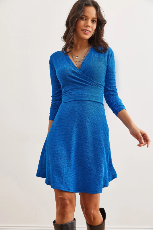 Women's Sax Blue Crossover Collar Textured Waffle Dress E - 1