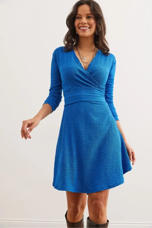 Women's Sax Blue Crossover Collar Textured Waffle Dress E - 2