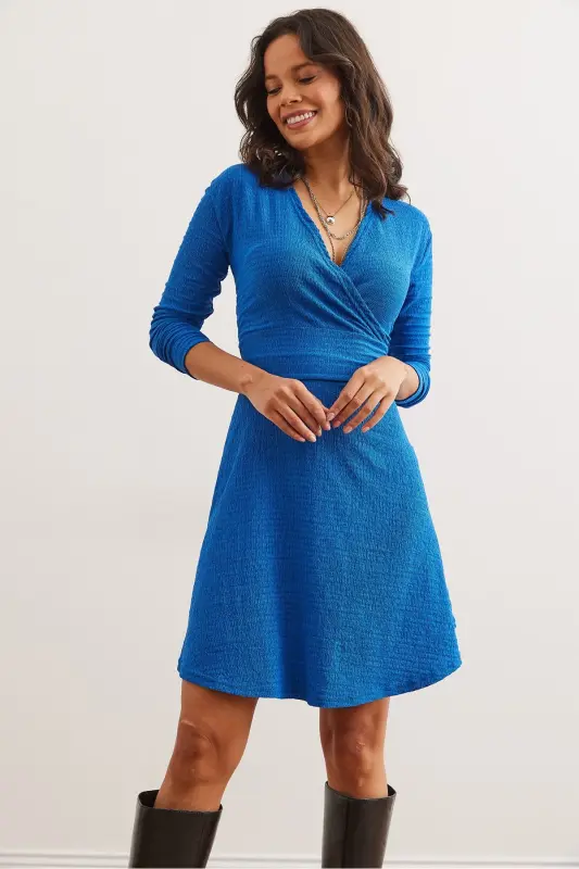 Women's Sax Blue Crossover Collar Textured Waffle Dress E - 4