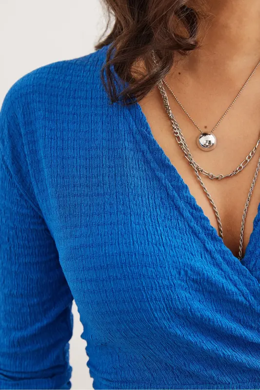 Women's Sax Blue Crossover Collar Textured Waffle Dress E - 5