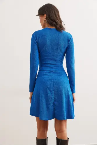 Women's Sax Blue Crossover Collar Textured Waffle Dress E - 6