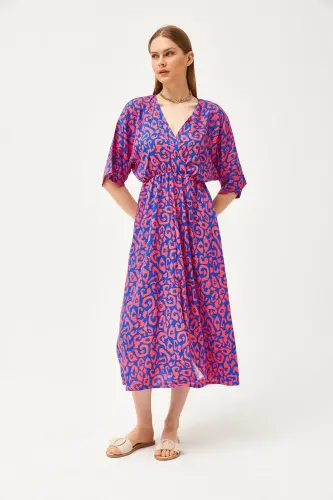 Women's Sax Blue Crossover Neck Bat Sleeve Elastic Waist Woven Dress ELB-19002084-Sax Blue - 3
