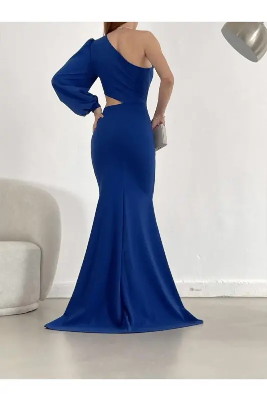 Women's Sax Blue Deep Slit Evening Dress Evening Gown-Blue - 2
