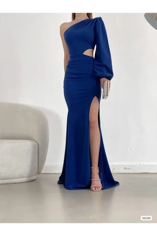 Women's Sax Blue Deep Slit Evening Dress Evening Gown-Blue - 4