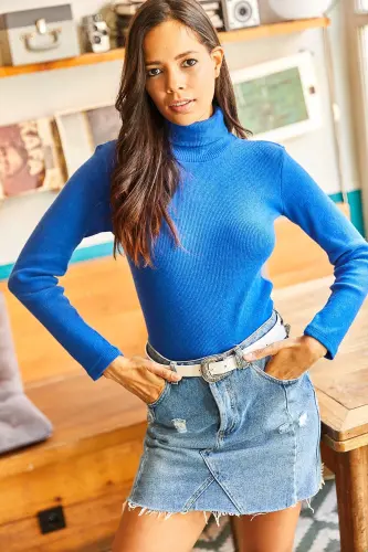 Women's Sax Blue Fisherman's Collar Brushed Cashmere Sweater KZK-19000395-Sax Blue - 3