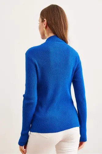 Women's Sax Blue Half Turtleneck Zigzag Textured Soft Knit Sweater KZK-19000447-Sax Blue - OLALOOK (1)