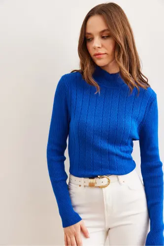 Women's Sax Blue Half Turtleneck Zigzag Textured Soft Knit Sweater KZK-19000447-Sax Blue - 3