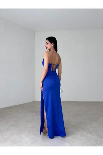 Women's Sax Blue Maxi Dress with Drape Fabric Detail, Back Tie, and Deep Slit Detail for Prom & Graduation - MİSSCİXFASHİON (1)