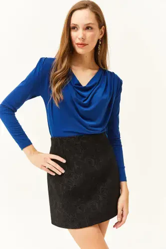 Women's Sax Blue Padded Pleated Cowl Neck Blouse BLZ-19002419-Sax Blue - 1