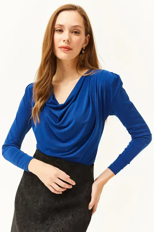 Women's Sax Blue Padded Pleated Cowl Neck Blouse BLZ-19002419-Sax Blue - 2