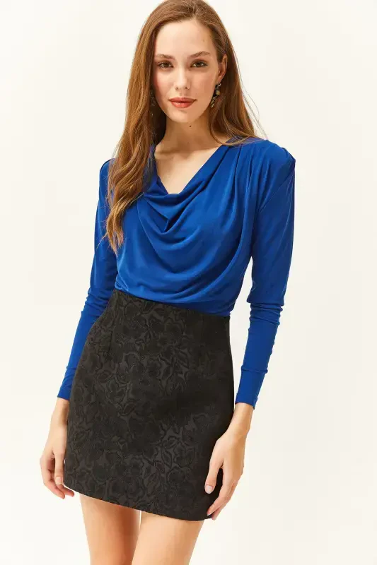 Women's Sax Blue Padded Pleated Cowl Neck Blouse BLZ-19002419-Sax Blue - 3