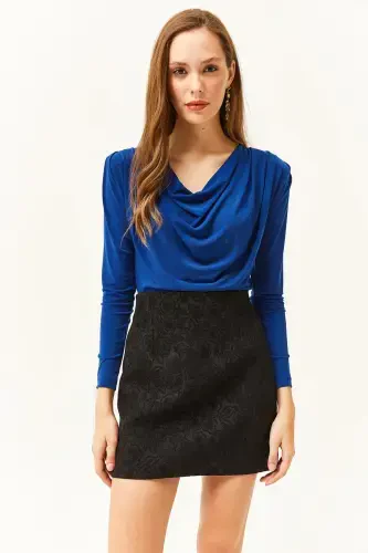 Women's Sax Blue Padded Pleated Cowl Neck Blouse BLZ-19002419-Sax Blue - 4