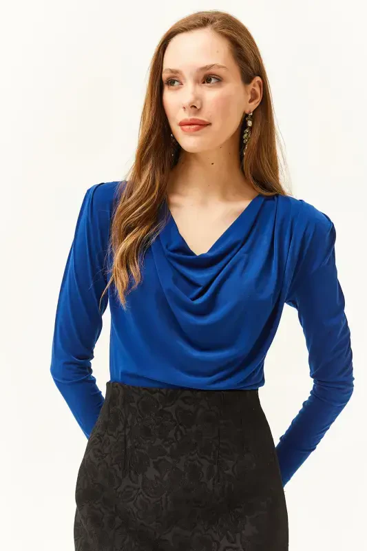 Women's Sax Blue Padded Pleated Cowl Neck Blouse BLZ-19002419-Sax Blue - 5