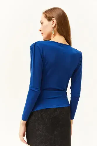 Women's Sax Blue Padded Pleated Cowl Neck Blouse BLZ-19002419-Sax Blue - 6
