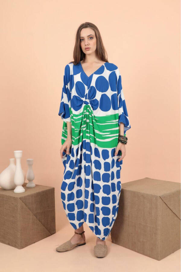 Women's Sax Blue Ring Detailed Round Patterned Plus Size Loose Oversize Dress - 2