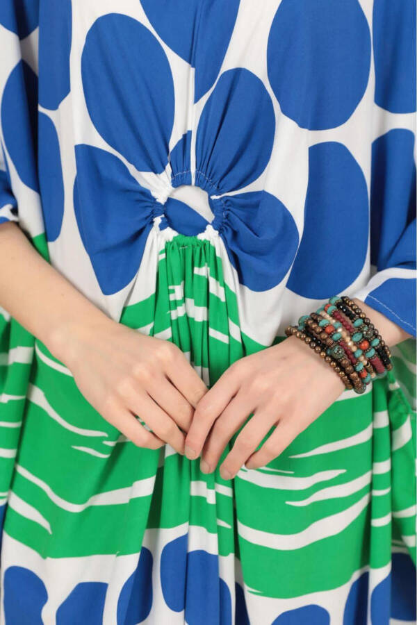 Women's Sax Blue Ring Detailed Round Patterned Plus Size Loose Oversize Dress - 3