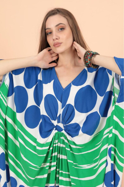 Women's Sax Blue Ring Detailed Round Patterned Plus Size Loose Oversize Dress - 4