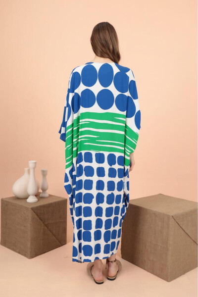 Women's Sax Blue Ring Detailed Round Patterned Plus Size Loose Oversize Dress - 5