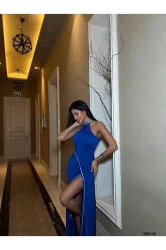 Women's Sax Blue Stone Neck Detailed Deep Slit Long Evening Dress-Blue - 2