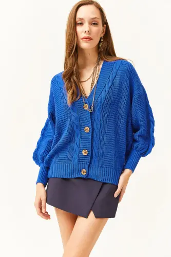 Women's Sax Blue Thick Cable Knit Cardigan HRK-19000082 - Sax Blue - 3