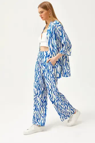 Women's Sax Blue Top Kimono Bottom Pocketed Pants Suit - 1
