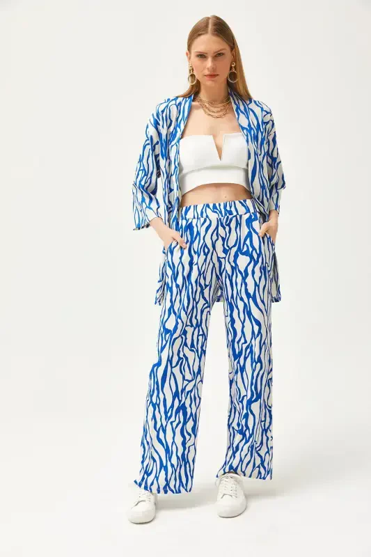 Women's Sax Blue Top Kimono Bottom Pocketed Pants Suit - 3