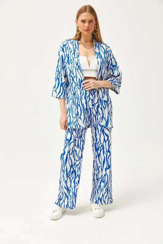 Women's Sax Blue Top Kimono Bottom Pocketed Pants Suit - 4