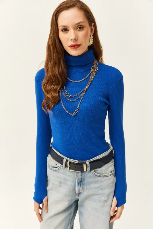 Women's Sax Blue Turtleneck Finger Detailed Lycra Blouse BLZ-19001644-Sax Blue - 2