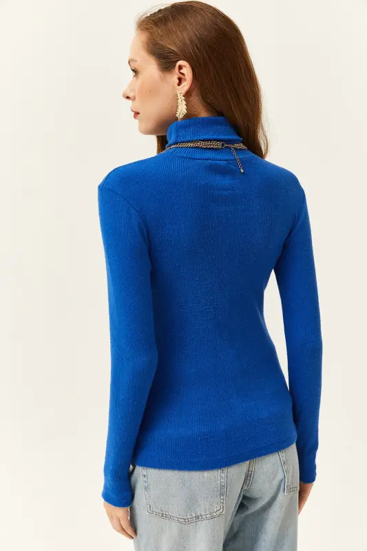 Women's Sax Blue Turtleneck Finger Detailed Lycra Blouse BLZ-19001644-Sax Blue - 6