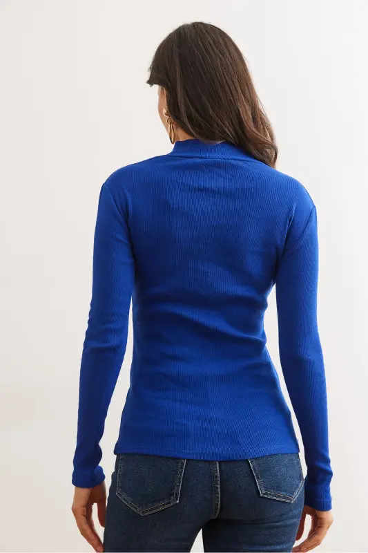 Women's Sax Blue Zippered Turtleneck Lycra Blouse BLZ-19001155-Sax Blue - 2