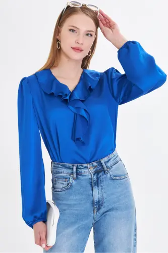 Women's Sax Collar Ruffled Shoulder Gathered Sleeve Elastic Cotton Satin Blouse ARM-22K001059-Sax 