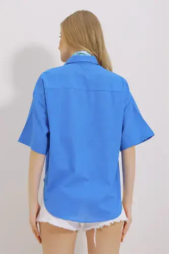 Women's Sax Dual Pocket Half Sleeve Linen Shirt ALC-X9991-SAX - 6