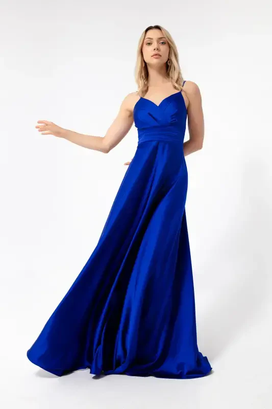 Women's Sax Thin Strap Belted Satin Long Evening & Graduation Dress-Sax - MODAZONE