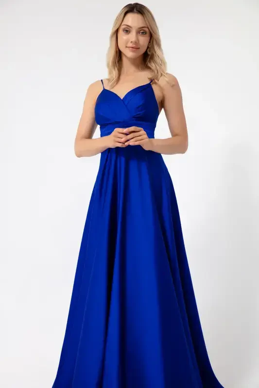Women's Sax Thin Strap Belted Satin Long Evening & Graduation Dress-Sax - 2
