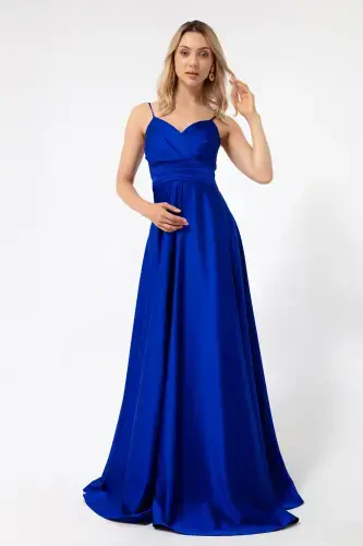 Women's Sax Thin Strap Belted Satin Long Evening & Graduation Dress-Sax - 3