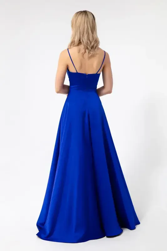 Women's Sax Thin Strap Belted Satin Long Evening & Graduation Dress-Sax - 5