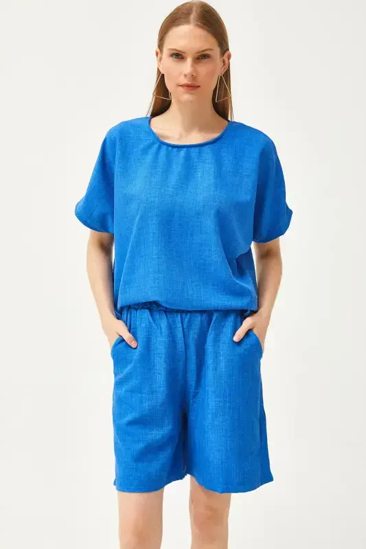 Women's Saxony Blue Top, Loose Blouse, Bottom Pocketed Shorts, Kete - MODAZONE