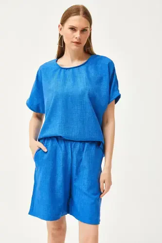 Women's Saxony Blue Top, Loose Blouse, Bottom Pocketed Shorts, Kete - MODAZONE (1)