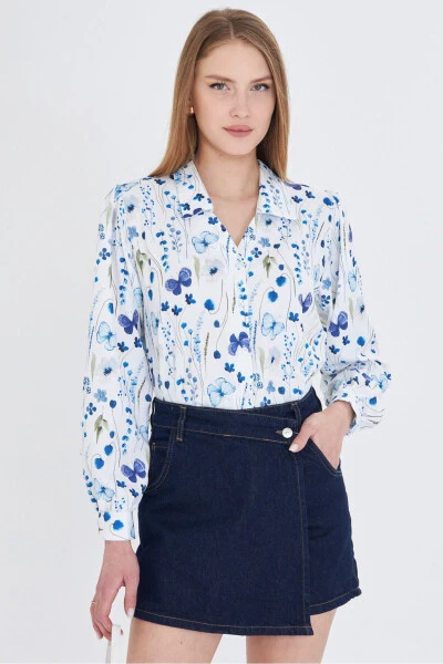 Women's Saxophone V-Neck Balloon Sleeve Patterned Shirt ARM-25Y 