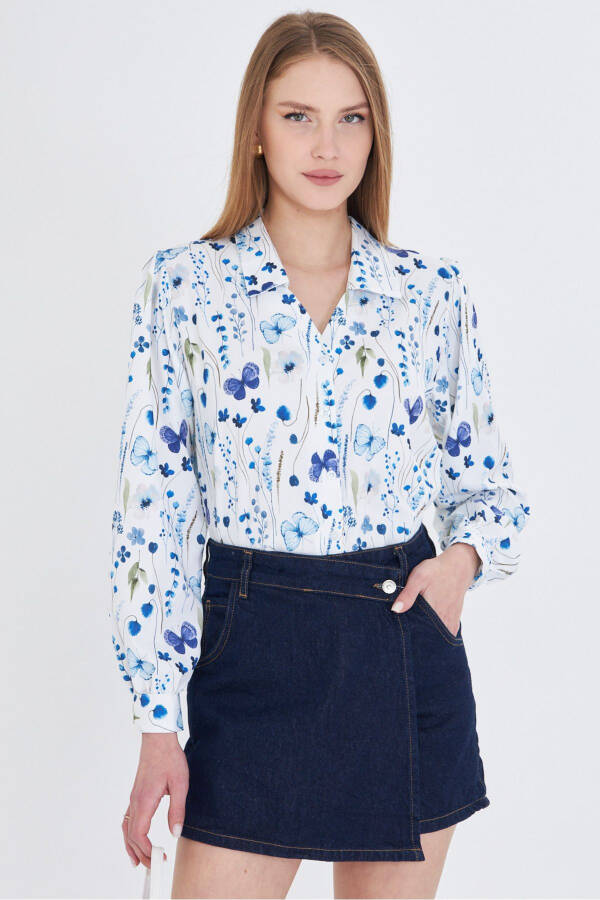 Women's Saxophone V-Neck Balloon Sleeve Patterned Shirt ARM-25Y - 1