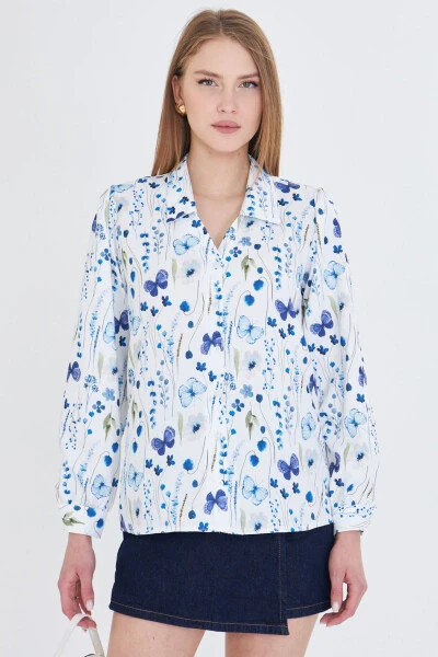 Women's Saxophone V-Neck Balloon Sleeve Patterned Shirt ARM-25Y - 2