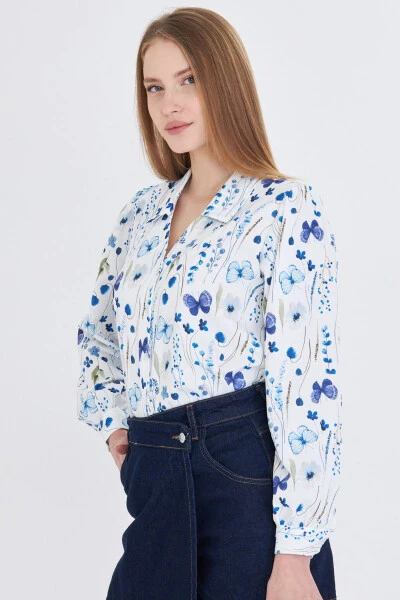 Women's Saxophone V-Neck Balloon Sleeve Patterned Shirt ARM-25Y - 3